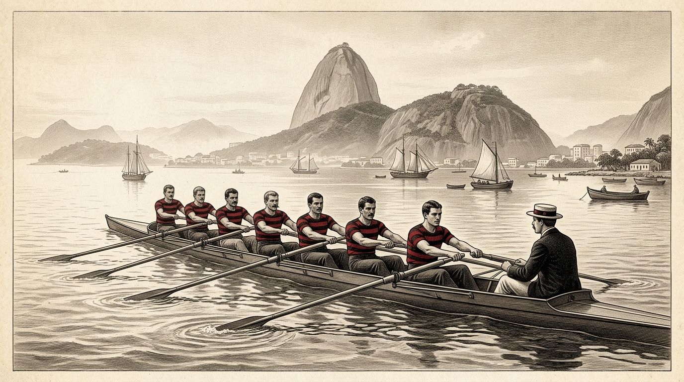 Ilustração (não é fotografia). Guarnição do Flamengo remando na Baía de Guanabara no primeiro ano com as cores vermelho e preto, adotadas em 23/11/1896. O desenho listrado da camisa é interpretação artística e não está documentado.