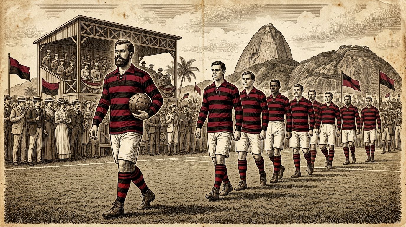 Ilustração (não é fotografia). Cena imaginada de 1916, ano em que a camisa só em vermelho e preto substituiu a Cobra Coral, usada pela última vez em 28/5/1916, com calção branco e meias rubro-negras. A gola desenhada é artística e não documentada.