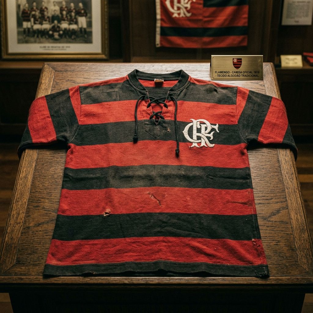 Ilustração artística do manto rubro-negro de 1916 — representação gerada por IA, não é fotografia de peça original.