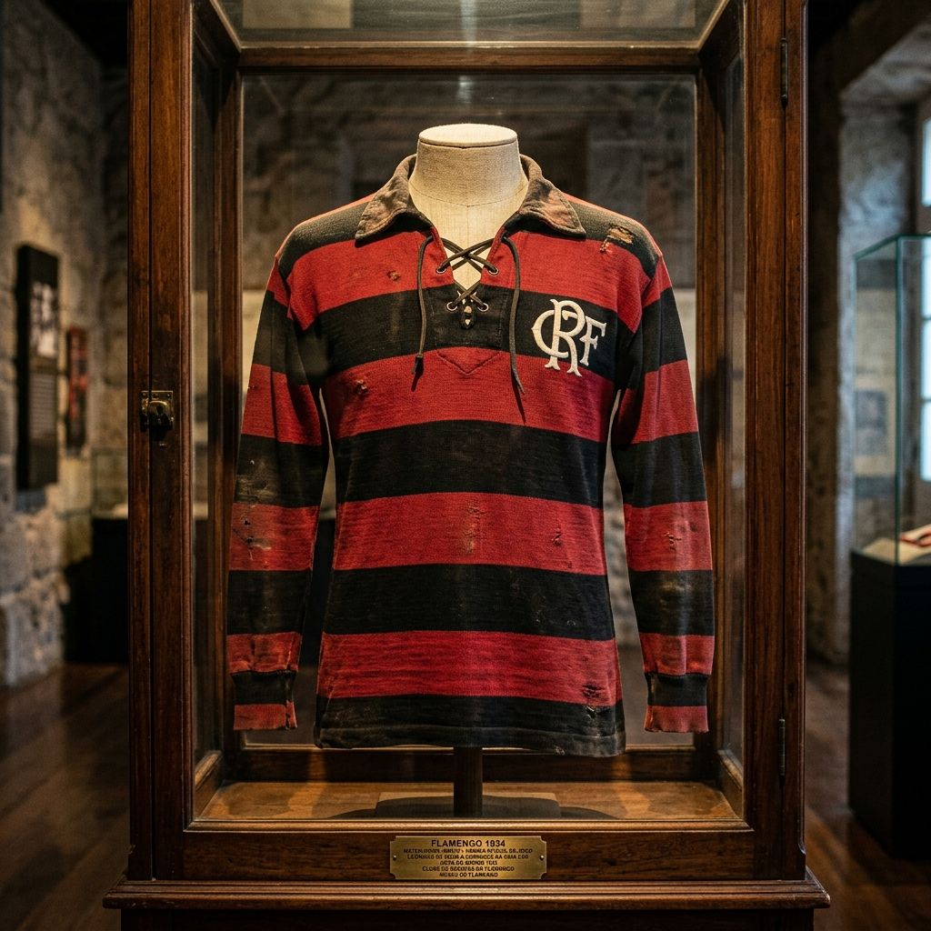 Ilustração artística do manto rubro-negro de 1934 — representação gerada por IA, não é fotografia de peça original.