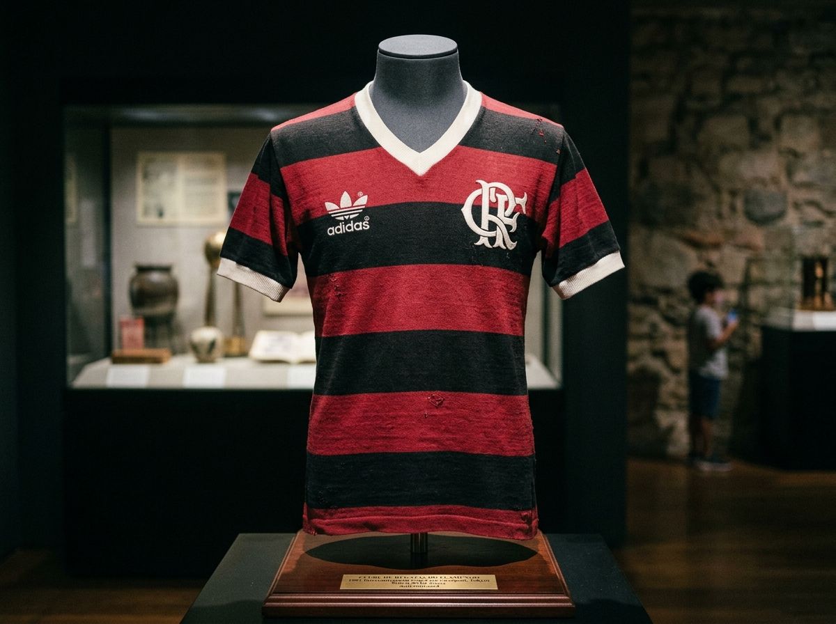 Ilustração artística do manto rubro-negro de 1981 — representação gerada por IA, não é fotografia de peça original.